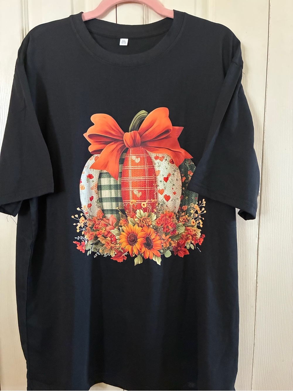Black Long Sleeve Pumpkin Graphic Tee with Orange Bow